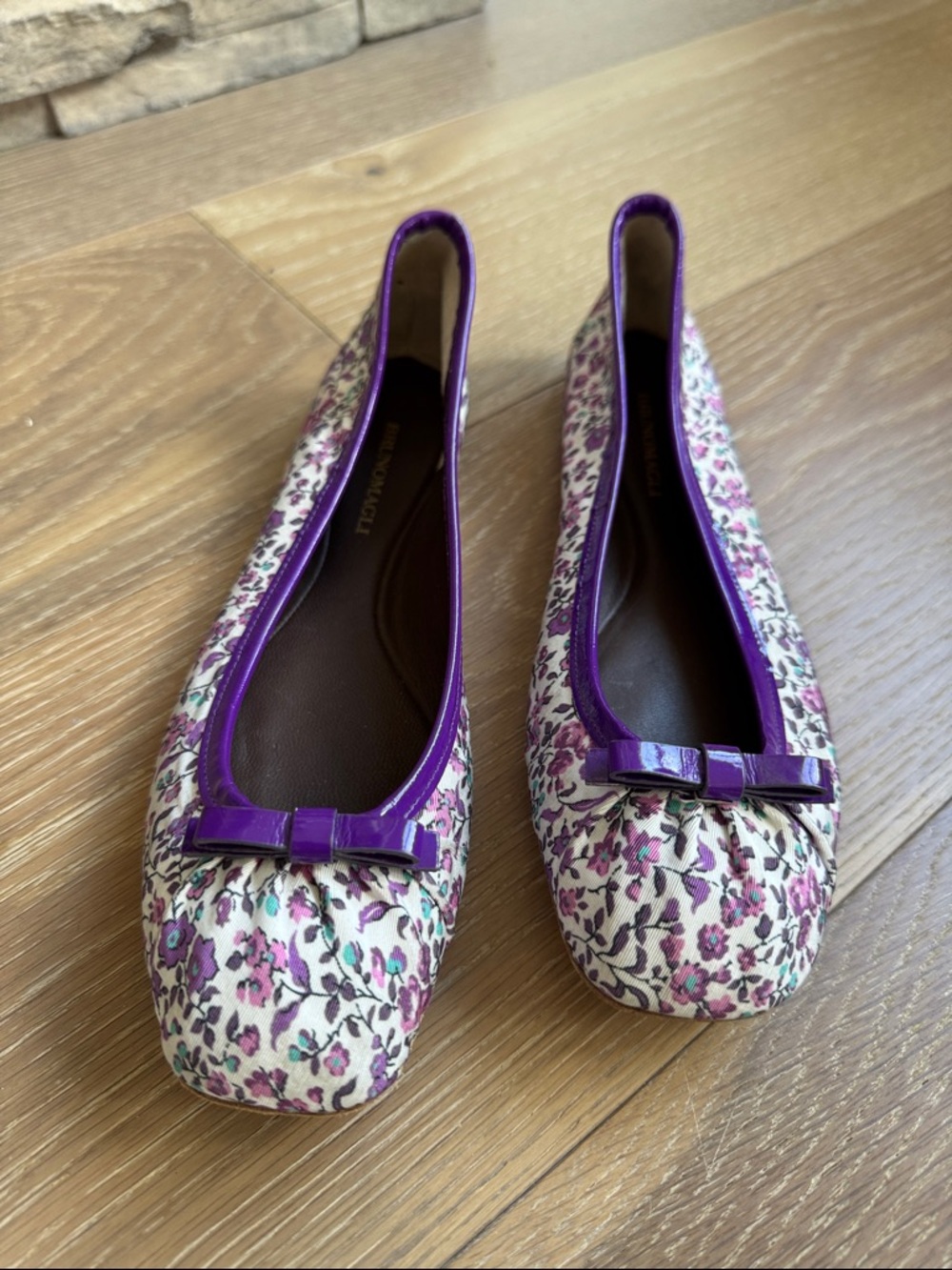 Bruno Magli Cream Floral Ballet Flats with Purple Trim and Bow Accents